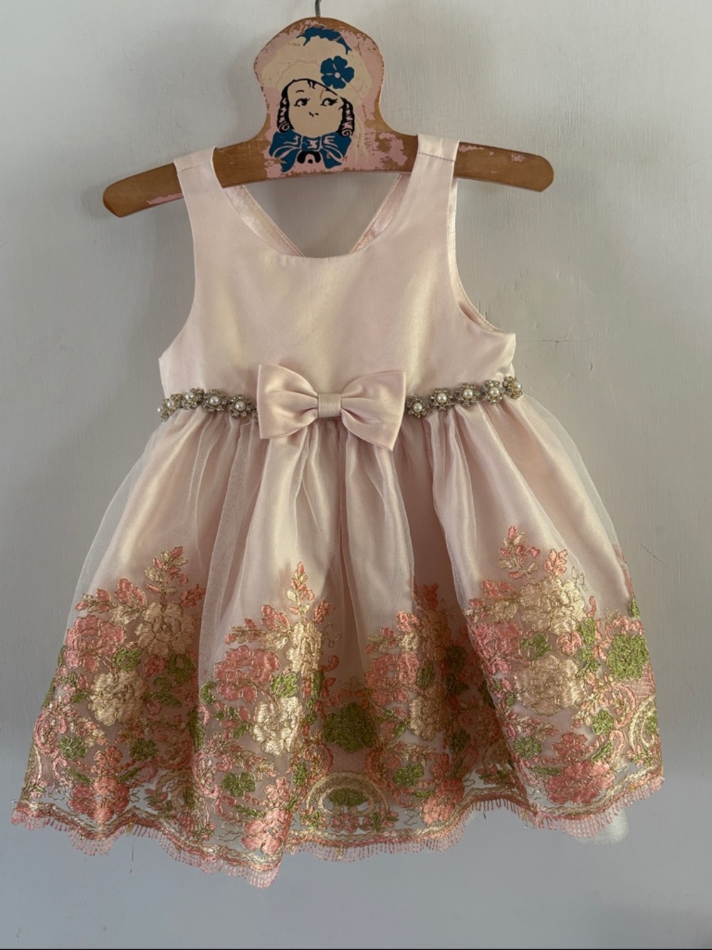 American Princess blush pink satin dress embroidered skirt bling Size 24 mth